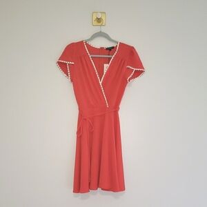 Smak Parlour NWT Mini Dress XS Coral Pink Faux Wrap Dot Trim Pin Up Rockabilly